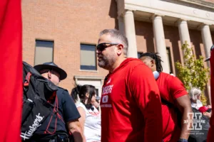 Nebraska Cornhusker head coach Matt Rhule walks in the Legacy Walk before taking on the Rutgers Scarlet Knights during a college football game Saturday, October 5, 2024, in Lincoln, Nebraska. Photo by John S. Peterson.