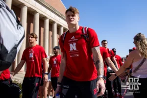 Nebraska Cornhusker tight end Thomas Fidone II (24) walks in the Legacy Walk before taking on the Rutgers Scarlet Knights during a college football game Saturday, October 5, 2024, in Lincoln, Nebraska. Photo by John S. Peterson.
