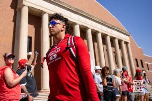 Nebraska Cornhusker quarterback Dylan Raiola (15) leads the Legacy Walk before taking on Rutgers Scarlet Knights during a college football game Saturday, October 5, 2024, in Lincoln, Nebraska. Photo by John S. Peterson.