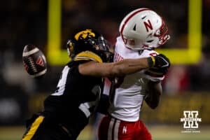 Iowa Hawkeyes defensive back Sebastian Castro (29) breaks up a pass to Nebraska Cornhuskers wide receiver Jacory Barney Jr. (17) in the third quarter during a college football game Friday, November 29, 2024, in Iowa City, Iowa. Photo by John S. Peterson.