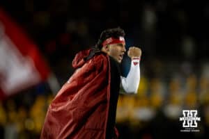 Nebraska Cornhuskers quarterback Dylan Raiola (15) gives fist pump against the Iowa Hawkeyes during a college football game Friday, November 29, 2024, in Iowa City, Iowa. Photo by John S. Peterson.