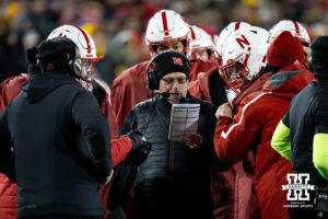 Nebraska Cornhuskers offensive coordinater Dana Holgorsen works on play calling against the Iowa Hawkeyes during a college football game Friday, November 29, 2024, in Iowa City, Iowa. Photo by John S. Peterson.