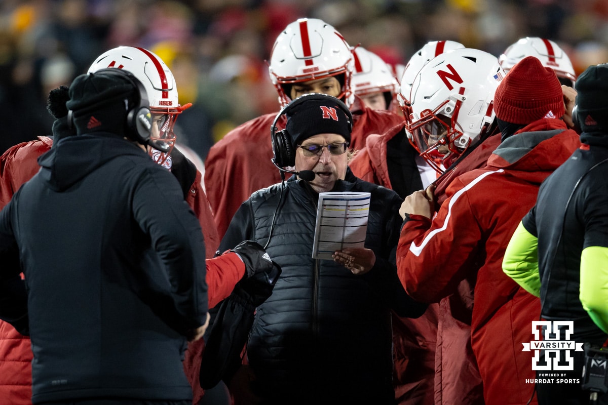 Nebraska Cornhuskers offensive coordinater Dana Holgorsen works on play calling against the Iowa Hawkeyes during a college football game Friday, November 29, 2024, in Iowa City, Iowa. Photo by John S. Peterson.