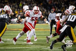Nebraska Cornhuskers offensive lineman Henry Lutovsky (59) runs for a block against the Iowa Hawkeyes during a college football game Friday, November 29, 2024, in Iowa City, Iowa. Photo by John S. Peterson.