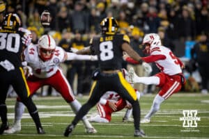 Nebraska Cornhuskers place kicker John Hohl (90) makes a field goal against the Iowa Hawkeyes during a college football game Friday, November 29, 2024, in Iowa City, Iowa. Photo by John S. Peterson.