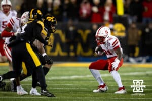 Nebraska Cornhuskers running back Emmett Johnson (21) runs with the ball against the Iowa Hawkeyes in the first quarter during a college football game Friday, November 29, 2024, in Iowa City, Iowa. Photo by John S. Peterson.