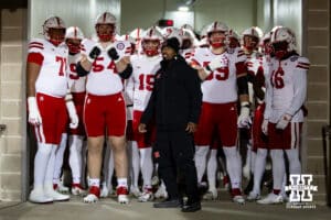 Nebraska Cornhuskers ready to take the field to take on the Iowa Hawkeyes during a college football game Friday, November 29, 2024, in Iowa City, Iowa. Photo by John S. Peterson.