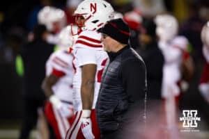 Nebraska Cornhuskers offensive coordinator Dana Holgorsen watching warm ups before taking the Iowa Hawkeyes during a college football game Friday, November 29, 2024, in Iowa City, Iowa. Photo by John S. Peterson.