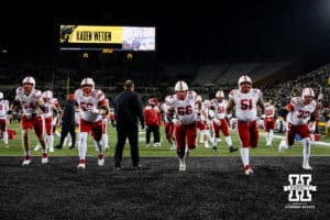 Nebraska Cornhuskers offensive lineman warming up before taking on the Iowa Hawkeyes during a college football game Friday, November 29, 2024, in Iowa City, Iowa. Photo by John S. Peterson.
