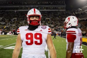 Nebraska Cornhuskers defensive lineman Dylan Parrott (99) warms up before taking the Iowa Hawkeyes during a college football game Friday, November 29, 2024, in Iowa City, Iowa. Photo by John S. Peterson.
