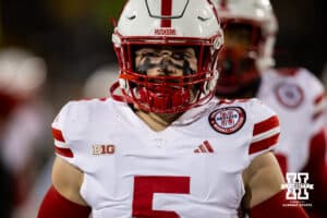 Nebraska Cornhuskers linebacker John Bullock (5) warms up before taking on the Iowa Hawkeyes during a college football game Friday, November 29, 2024, in Iowa City, Iowa. Photo by John S. Peterson.