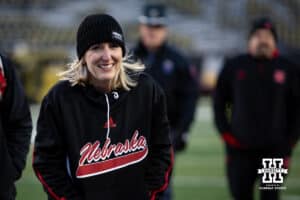 Nebraska Cornhuskers chief of staff Dr. Susan Elza walks off the field before a college football game against the Iowa Hawkeyes Friday, November 29, 2024, in Iowa City, Iowa. Photo by John S. Peterson.