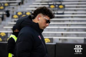 Nebraska Cornhuskers quarterback Dylan Raiola (15) heads to the locker room to get ready to take on the Iowa Hawkeyes during a college football game Friday, November 29, 2024, in Iowa City, Iowa. Photo by John S. Peterson.