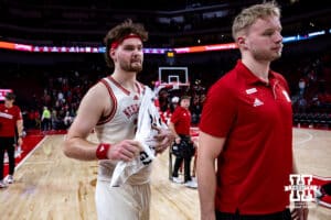 Nebraska Cornhuskers forward Andrew Morgan (23) and Nebraska Cornhuskers forward Rienk Mast (51) walk to the locker room after the win over the South Dakota Coyotes during a college basketball game Wednesday, November 27, 2024, in Lincoln, Nebraska. Photo by John S. Peterson.