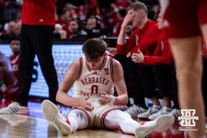 Nebraska Cornhuskers guard Connor Essegian (0) is fouled after making a three-point shot against the South Dakota Coyotes in the first half during a college basketball game Wednesday, November 27, 2024, in Lincoln, Nebraska. Photo by John S. Peterson.