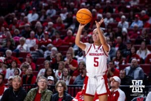 Nebraska Cornhuskers guard Alberte Rimdal (5) makes a three-point shot against the UMKC Roos in the fourth quarter during a college women’s basketball game Tuesday, November 26, 2024, in Lincoln, Nebraska. Photo by John S. Peterson.