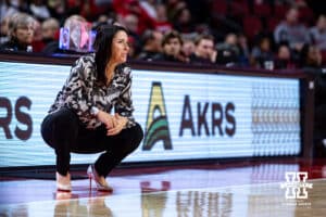 Nebraska Cornhuskers head coach Amy Williams watches the action against the UMKC Roos in the second half during a college women’s basketball game Tuesday, November 26, 2024, in Lincoln, Nebraska. Photo by John S. Peterson.