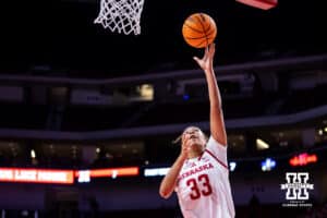 Nebraska Cornhuskers guard Amiah Hargrove (33) makes a layup against the UMKC Roos in the third quarter during a college women’s basketball game Tuesday, November 26, 2024, in Lincoln, Nebraska. Photo by John S. Peterson.