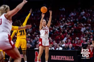 put up a three against the UMKC Roos in the fourth quarter during a college women’s basketball game Tuesday, November 26, 2024, in Lincoln, Nebraska. Photo by John S. Peterson.