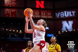 Nebraska Cornhuskers guard Logan Nissley (2) makes a layup against the UMKC Roos in the second quarter during a college women’s basketball game Tuesday, November 26, 2024, in Lincoln, Nebraska. Photo by John S. Peterson.