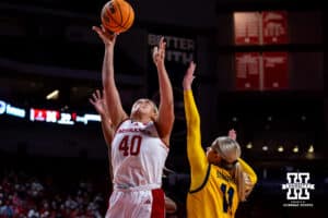 Nebraska Cornhuskers center Alexis Markowski (40) puts up a layup against UMKC Roos forward Kelby Bannerman (11) in the second quarter during a college women’s basketball game Tuesday, November 26, 2024, in Lincoln, Nebraska. Photo by John S. Peterson.