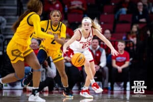 Nebraska Cornhuskers guard Britt Prince (23) steals the ball away from UMKC Roos guard Elauni Bennett (2) in the second quarter during a college women’s basketball game Tuesday, November 26, 2024, in Lincoln, Nebraska. Photo by John S. Peterson.