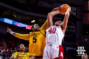 Nebraska Cornhuskers center Alexis Markowski (40) fouled by UMKC Roos forward Tamia Ugass (5) trying for a layup in the second quarter during a college women’s basketball game Tuesday, November 26, 2024, in Lincoln, Nebraska. Photo by John S. Peterson.