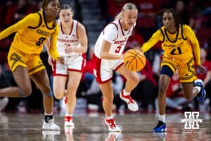 Nebraska Cornhuskers guard Alberte Rimdal (5) steals the ball away from UMKC Roos guard Lisa Thomas (21) in the first half during a college women’s basketball game Tuesday, November 26, 2024, in Lincoln, Nebraska. Photo by John S. Peterson.
