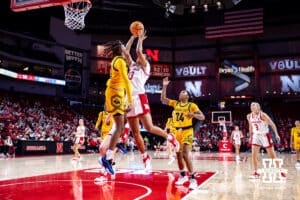 Nebraska Cornhuskers guard Amiah Hargrove (33) makes a layup against the UMKC Roos in the first quarter during a college women’s basketball game Tuesday, November 26, 2024, in Lincoln, Nebraska. Photo by John S. Peterson.