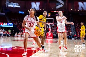 Nebraska Cornhuskers guard Amiah Hargrove (33) drives to the basket against the UMKC Roos in the first half during a college women’s basketball game Tuesday, November 26, 2024, in Lincoln, Nebraska. Photo by John S. Peterson.