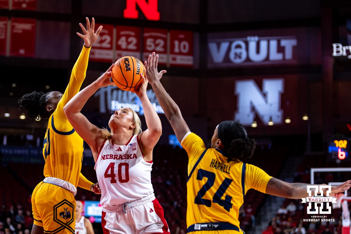 Nebraska Cornhuskers center Alexis Markowski (40) puts up a layup against the UMKC Roosin the first quarter during a college women’s basketball game Tuesday, November 26, 2024, in Lincoln, Nebraska. Photo by John S. Peterson.