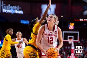 Nebraska Cornhuskers forward Jessica Petrie (12) takes a shot against the UMKC Roos in the first quarter during a college women’s basketball game Tuesday, November 26, 2024, in Lincoln, Nebraska. Photo by John S. Peterson.