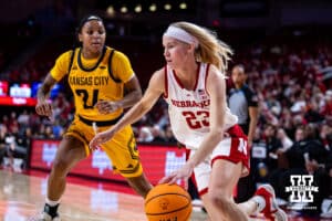 Nebraska Cornhuskers guard Britt Prince (23) drives to the basket against UMKC Roos guard Zaire Harrell (24) in the first quarter during a college women’s basketball game Tuesday, November 26, 2024, in Lincoln, Nebraska. Photo by John S. Peterson.