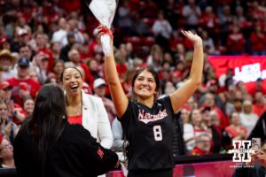 Nebraska Cornhusker Lexi Rodriguez (8) waves to the fans during Senior Night after a college volleyball match against the Wisconsin Badgers Saturday, November 23, 2024 in Lincoln, Nebraska. Photo by John S. Peterson.
