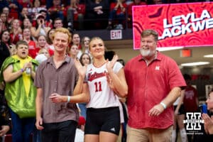 Nebraska Cornhusker middle blocker Leyla Blackwell (11) walks out to be recognized for Senior Night after a college volleyball match against the Wisconsin Badgers Saturday, November 23, 2024 in Lincoln, Nebraska. Photo by John S. Peterson.