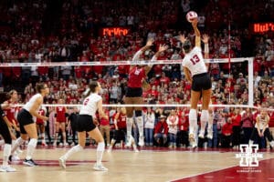 Nebraska Cornhusker outside hitter Merritt Beason (13) scores match point against the Wisconsin Badgers in the third set during a college volleyball match Saturday, November 23, 2024 in Lincoln, Nebraska. Photo by John S. Peterson.