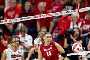 Wisconsin Badger opposite Anna Smrek (14) reacts to the ball getting passed against the Nebraska Cornhuskers in the second set during a college volleyball match Saturday, November 23, 2024 in Lincoln, Nebraska. Photo by John S. Peterson.