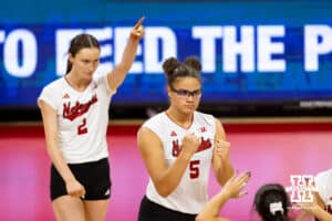Nebraska Cornhusker middle blocker Rebekah Allick (5) gives a fist pump after scoring a point against the Wisconsin Badgers in the second set during a college volleyball match Saturday, November 23, 2024 in Lincoln, Nebraska. Photo by John S. Peterson.