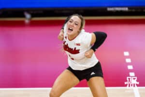 Nebraska Cornhusker defensive specialist Laney Choboy (6) celebrates a point against the Wisconsin Badgers in the second set during a college volleyball match Saturday, November 23, 2024 in Lincoln, Nebraska. Photo by John S. Peterson.
