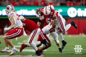 Nebraska Cornhusker running back Dante Dowdell (23) runs with the ball againt the Wisconsin Badgers in the third quarter during a college football game Saturday, November 23, 2024 in Lincoln, Nebraska. Photo by John S. Peterson.
