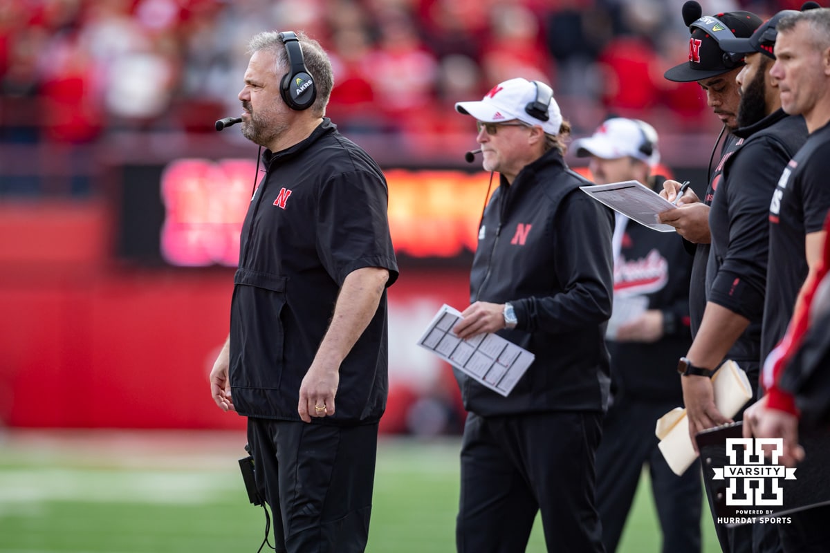 Nebraska Football v Wisconsin November 23, 2024. Nebraska Cornhusker head coach Matt Rhule watching the action on the field against the Wisconsin Badgers during a college football game Saturday, November 23, 2024 in Lincoln, Nebraska. Photo by John S. Peterson.