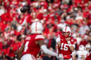 Nebraska Cornhusker quarterback Dylan Raiola (15) throws a pass to wide receiver Jacory Barney Jr. (17) in the first quarter against the Wisconsin Badgers during a college football game Saturday, November 23, 2024 in Lincoln, Nebraska. Photo by John S. Peterson.