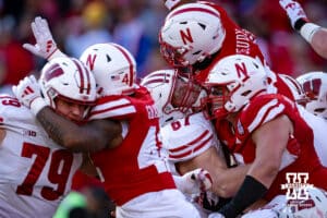 Nebraska Cornhuskers try to block a field goal against the Wisconsin Badgers during a college football game Saturday, November 23, 2024 in Lincoln, Nebraska. Photo by John S. Peterson.