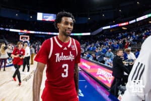 Nebraska Cornhusker guard Brice Williams (3) walks off the court after the win agaisnt the Creighton Bluejays during a college basketball game Friday, November 22, 2024 in Omaha, Nebraska. Photo by John S. Peterson.
