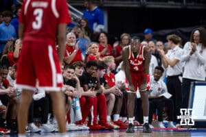 Nebraska Cornhusker forward Juwan Gary (4) waits in the corner at the end of the second half against the Creighton Bluejays during a college basketball game Friday, November 22, 2024 in Omaha, Nebraska. Photo by John S. Peterson.