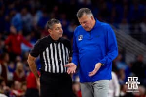 Creighton Bluejay head coach Greg McDermott talks to a referee in the second half during a college basketball game against the Nebraska Cornhuskers Friday, November 22, 2024 in Omaha, Nebraska. Photo by John S. Peterson.