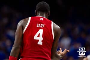 Nebraska Cornhusker forward Juwan Gary (4) celebrates making a three point shot against Creighton Bluejays during a college basketball game Friday, November 22, 2024 in Omaha, Nebraska. Photo by John S. Peterson.