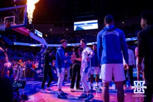 Creighton Bluejay guard Steven Ashworth (1) was introduced before taking on Nebraska Cornhuskers during a college basketball game Friday, November 22, 2024, in Omaha, Nebraska. Photo by John S. Peterson.
