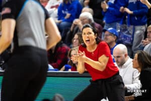 Nebraska Cornhusker head coach Amy Williams let the official know about a foul that wasn't called against the Creighton Bluejays during a women’s college basketball game Friday, November 22, 2024 in Omaha, Nebraska. Photo by John S. Peterson.