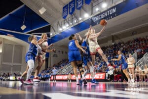 Nebraska Cornhusker guard Britt Prince (23) makes a layup against the Creighton Bluejays during a women’s college basketball game Friday, November 22, 2024 in Omaha, Nebraska. Photo by John S. Peterson.